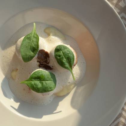 Plat à la carte avec écume légère et feuilles d'épinard fraîches, servi en assiette creuse
