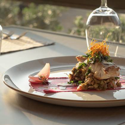 Filet de poisson à la carte avec céréales, herbes et sauce à la betterave, assiette blanche